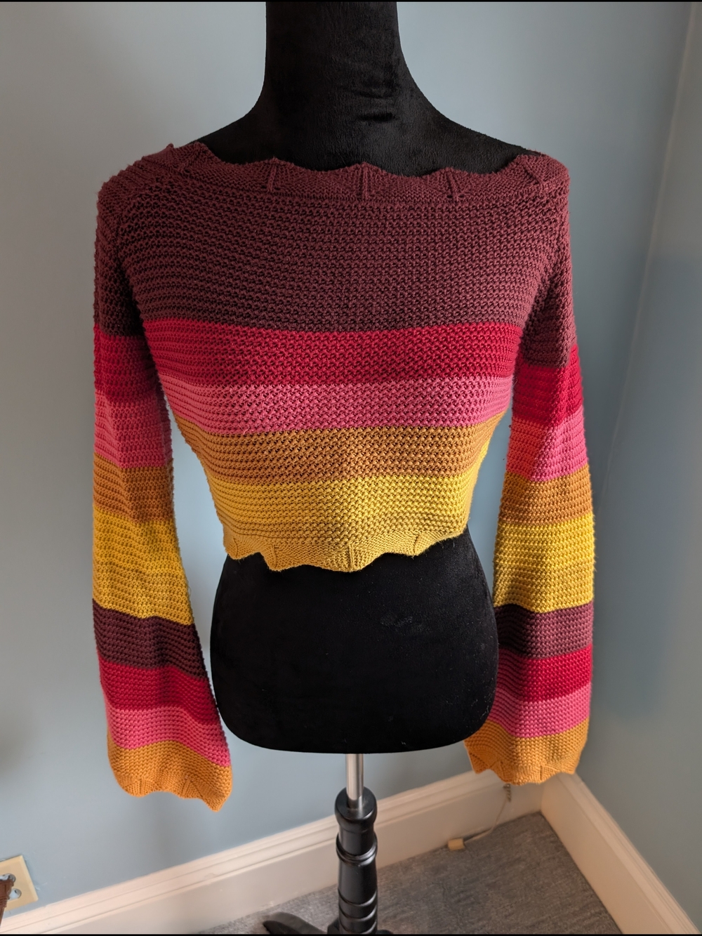 Striped Cropped Knit Sweater in Burgundy, Pink & Mustard